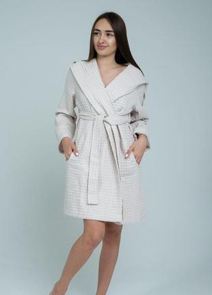 Женский вафельный халат с капюшоном «lelit», вафельна, бежевый, s-m и l-xl.