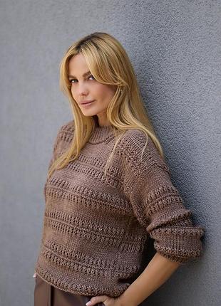 Свитер женский шерстяной вязаный теплый свитер легкий оверсайз с ажурными горизонтальными линиями