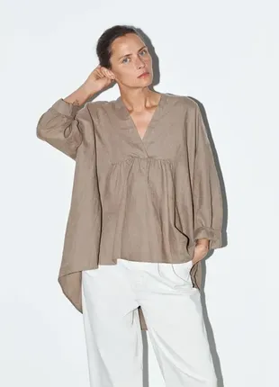 Блуза  з льону zara linen blouse beige coffee  100% linen  size xxl1 фото