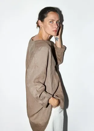 Блуза  з льону zara linen blouse beige coffee  100% linen  size xxl3 фото