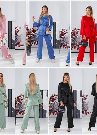 Женский летний брючный костюм-двойка  рубашка и брюки из шелка размеры норма