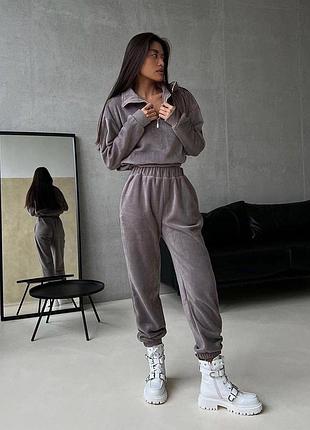 Стильный теплый женский флисовый костюм кофта на молнии и штаны джоггеры комплект из двухстороннего флиса зимний