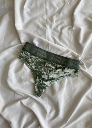 Бархатные зеленые стринги pink vs, нижнее белье с монограммной резинкой