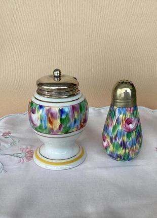 Столовый набор : емкость для горчицы и солонка!серебрение! ручная роспись!