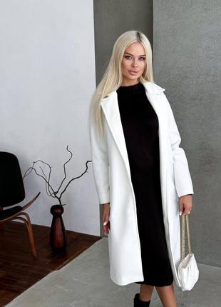 Кашемировое пальто миди молочное свободное с поясом на запах кардиган двубортное осеннее весеннее с карманами на подкладке