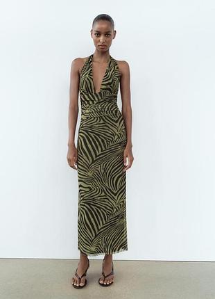 Драпированное зеленое платье с принтом zara new
