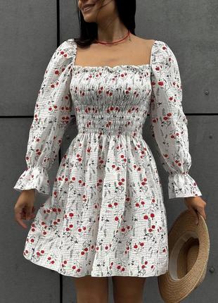 Ніжна муслінова квіткова сукня міні , сукня із жатого мусліну 100% бавовна/ мод 0604