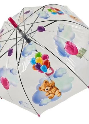 Дитяча прозора парасолька тростина напівавтомат rain proof з ведмедиком та кольоровими кульками