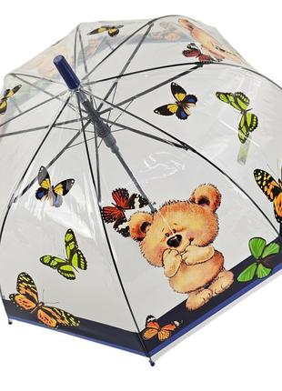 Дитяча прозора парасолька тростина напівавтомат із свистком rain proof з ведмедиком та метеликами