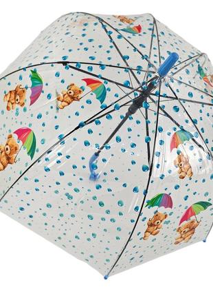 Дитяча прозора парасолька тростина напівавтомат rain proof з ведмедиками та крапельками дощу2 фото