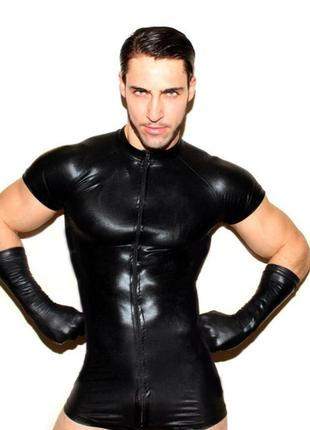 Мужской фетиш комбинезон ромпер под кожу с вставками из сетки