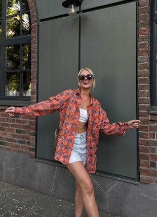 Тепла жіноча сорочка рубашка в клітинку помаранчева фланелева приємна на дотик тканина