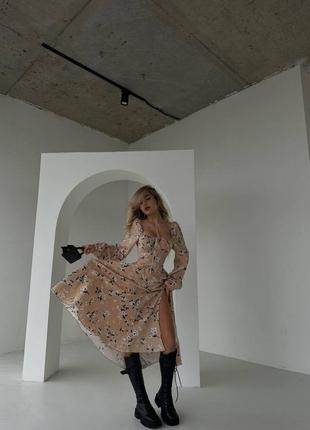 Розкішна жіноча котонова легка довга сукня міді з розрізом в квітковий принт5 фото