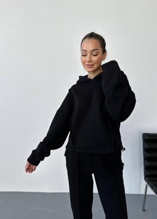 Спортивный костюм на флисе кофта кенгуру свободного кроя худи штаны джоггеры комплект черный голубой серый стильный базовый