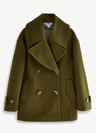 Трендове коротке двобортне  пальто бушлат  кольору deep forest з великим коміром і кишенями батал