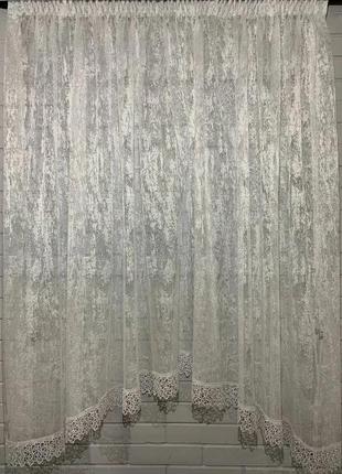 Тюль короткий арка жакард мармур на кухню/балкон молочний 120х300 см