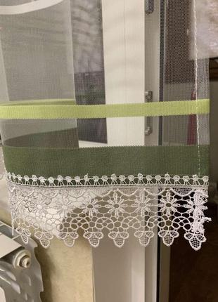 Готовая короткая занавеска/ готовый короткий тюль в полоску до подоконника, зелёный с сала...