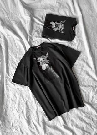 Трендовая футболка унисекс с принтом доберман, футболка в стиле оверсайз/ мод 06377 фото