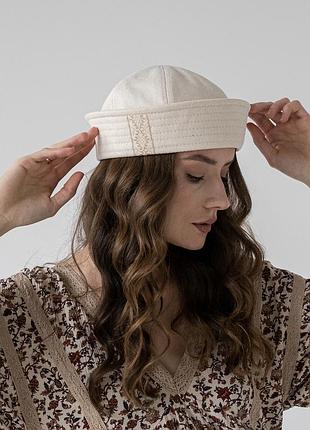 Жіночий берет морячка з вишитим орнаментом sailor hat, капелюшок папайка, матроска, панама матроса, колір натуральний