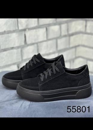 Женские замшевые кеды на утолщенной подошве черные 55801