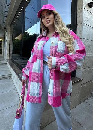 Сорочка жіноча щільна тепла в клітинку вільна оверсайз твідова рожева 44-62 батал
