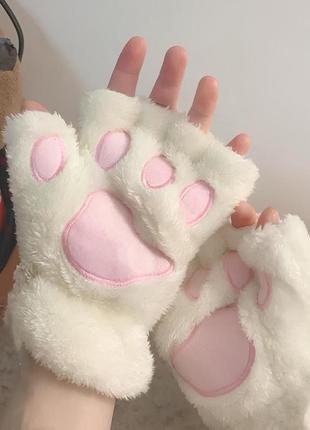 Перчатки без пальцев лапы кошки белого цвета , митенки кошачьих лапок, перчатки лапы3 фото