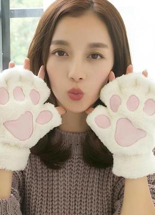 Перчатки без пальцев лапы кошки белого цвета , митенки кошачьих лапок, перчатки лапы2 фото