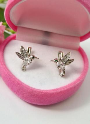 Серебряные сережки серьги птички с зелеными глазками серебро 925 пробы родированное 5582р 1.90г