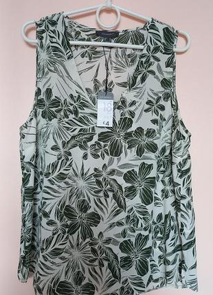 Молочная в зеленый цветочный принт шифоновая майка, блуза цветочная без рукавов шифон 50-52 р.