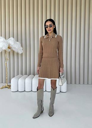 Бежевий кемел жіночий базовий вязаний костюм спідниця міні светр жіночий універсальний діловий костюм