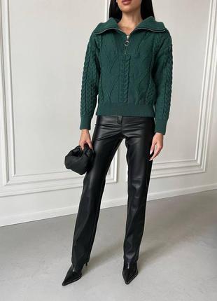 Зеленый женский теплый свитер с воротником женский базовый универсальный свитер на молнии женский текстурный свитер5 фото