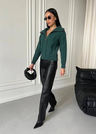 Зеленый женский теплый свитер с воротником женский базовый универсальный свитер на молнии женский текстурный свитер6 фото