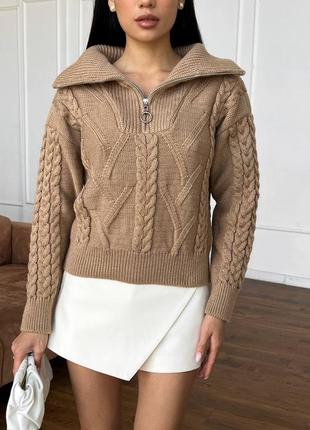 Бежевый кэмэл женский теплый свитер с воротником женский базовый универсальный свитер на молнии женский текстурный свитер
