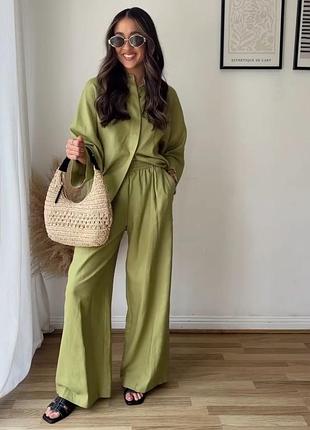 Костюм из льна рубашка брюки лен оливковый oversize xs s m zara 3108/709