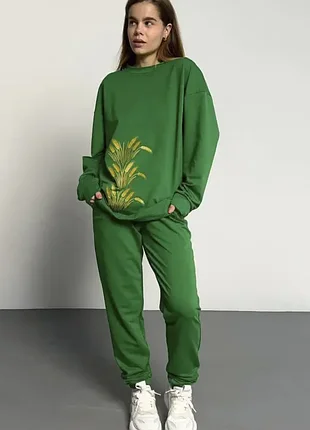 Костюм-двойка с принтом колоски / оверсайз свитшот и брюки на резинках