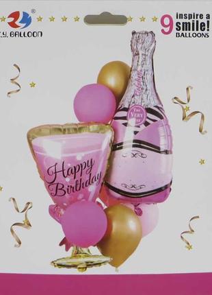 Кульки повітр. 9шт набір (2+7) happy birthday-келих шампанське рож.золото 1212-27