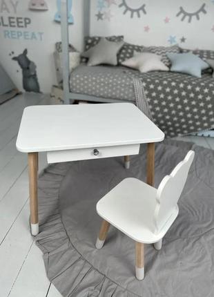 Детский столик со стульчиком мишка и ящиком для карандашей и раскрасок (белый)2 фото