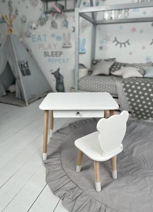 Детский столик со стульчиком мишка и ящиком для карандашей и раскрасок (белый)3 фото