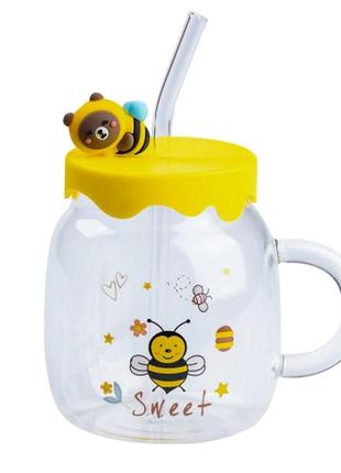 Чашка ,детская чашка,чашка стеклянная,чашка с принтом с крышкой и трубочкой объем 0,5л веселый дизайн с пчелой