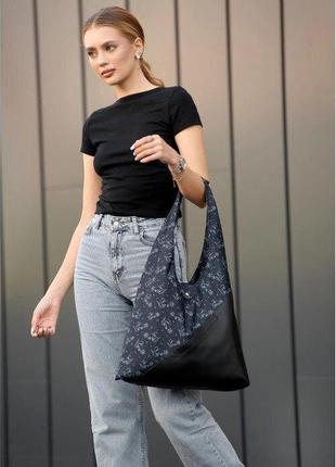 Женская сумка большая на плечо хобо стильная черная принт рисунок 7532007023 фото