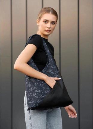 Женская сумка большая на плечо хобо стильная черная принт рисунок 7532007026 фото