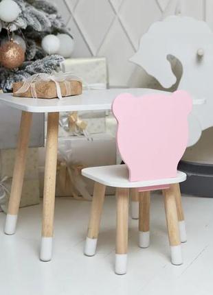 Детский прямоугольный столик (белый) и стульчик мишка (розовый)6 фото