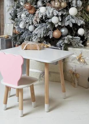 Детский прямоугольный столик (белый) и стульчик мишка (розовый)8 фото