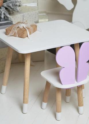 Детский прямоугольный столик (белый) и стульчик бабочка (фиолетовая)1 фото