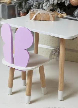 Детский прямоугольный столик (белый) и стульчик бабочка (фиолетовая)6 фото