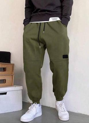 Мужские трикотажные брюки свободного кроя, на флисе, цвет хаки 118