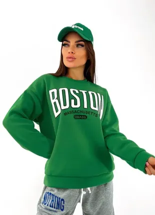 Трендовый утепленный свитшот с принтом boston оверсайз на флисе свитер кофта