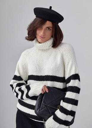 Вязаный женский свитер в полоску - молочный цвет, l (есть размеры)4 фото
