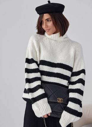 Вязаный женский свитер в полоску - молочный цвет, l (есть размеры)7 фото