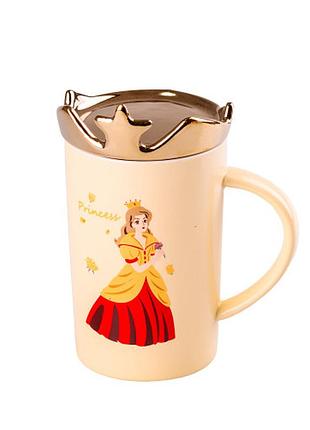 Оригінальна чашка,чашка керамічна з кришкою об'єм400 мл з милим і декоративним оформленням princess жовта